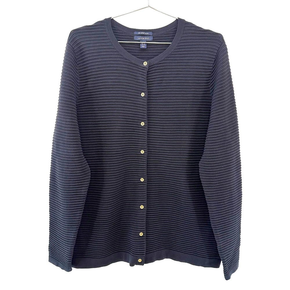 LANDS' END 100% Supima Cotton Ribbed Cardigan • Large • navy blue • preppy chic